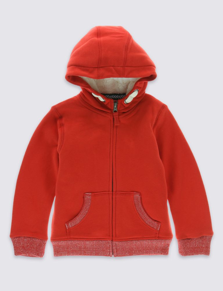 Cotton Rich Borg Lined Zipped Through Hooded Sweat Top (1-7 Years) 2 of 6
