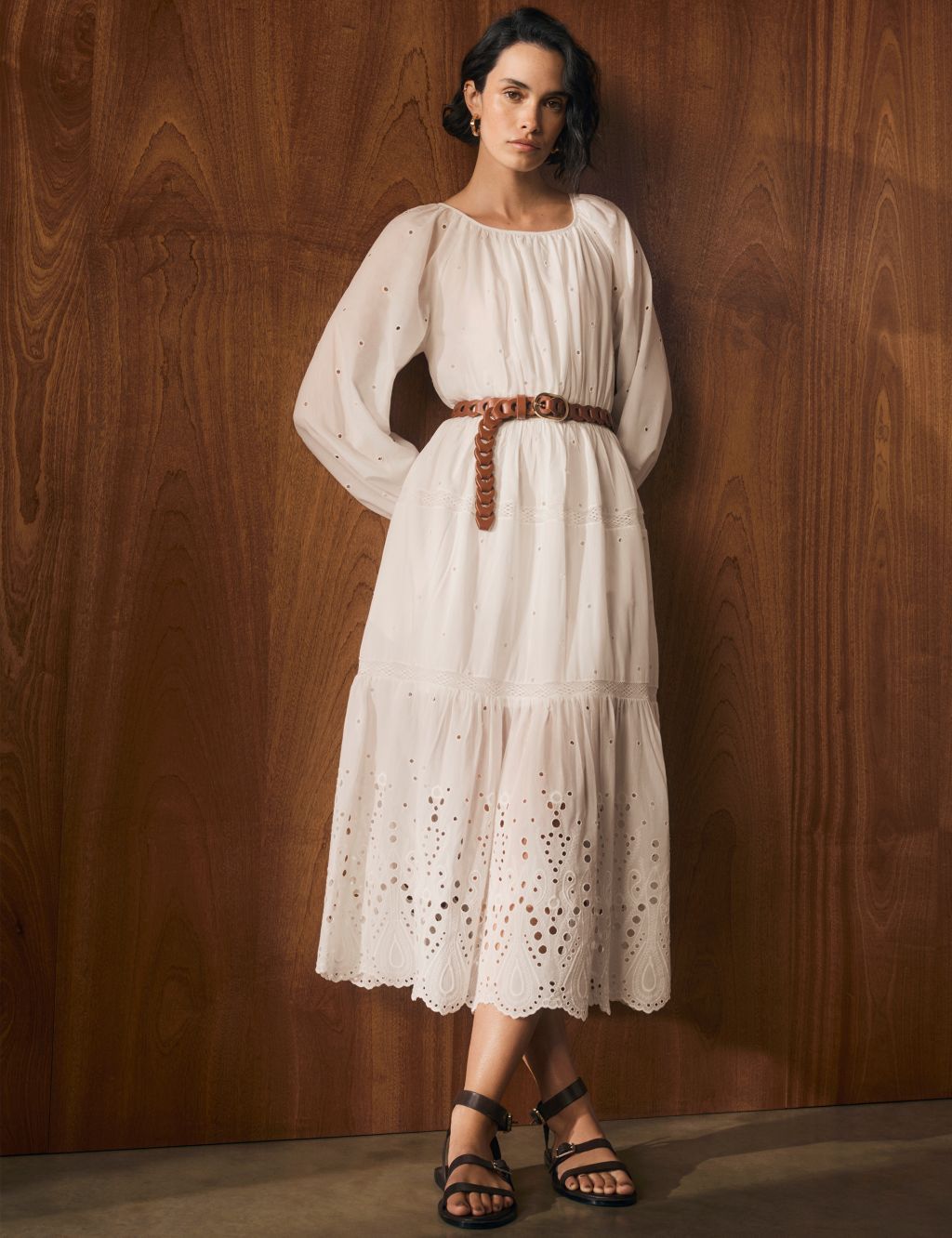 Cotton Rich Broderie Midaxi Waisted Dress 2 of 8