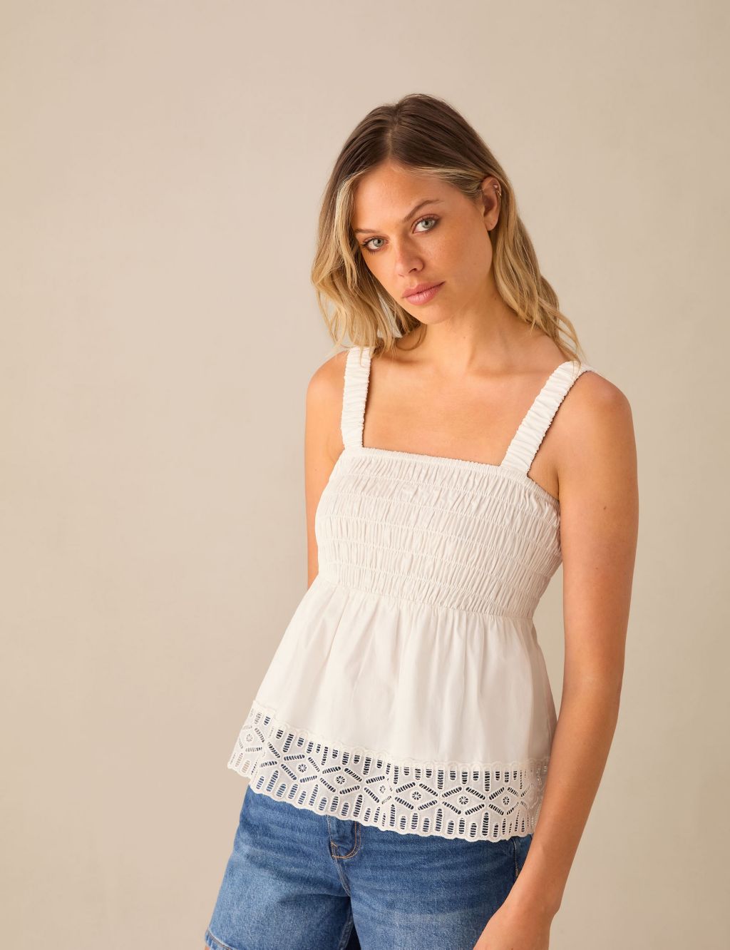Cotton Rich Broderie Shirred Peplum Top 3 of 3