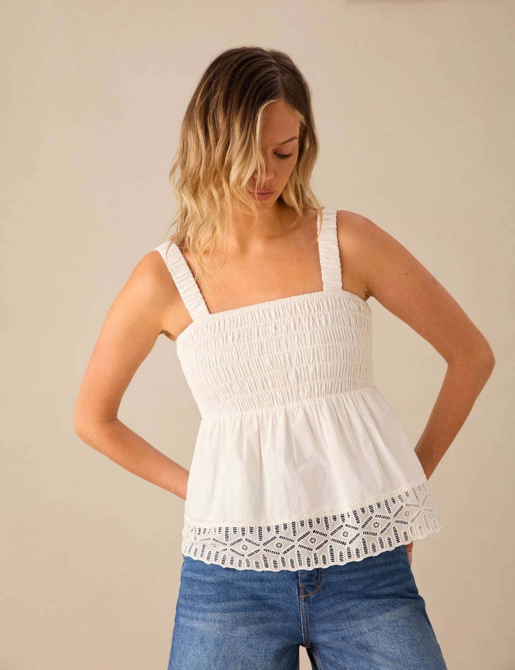 Cotton Rich Broderie Shirred Peplum Top 1 of 3