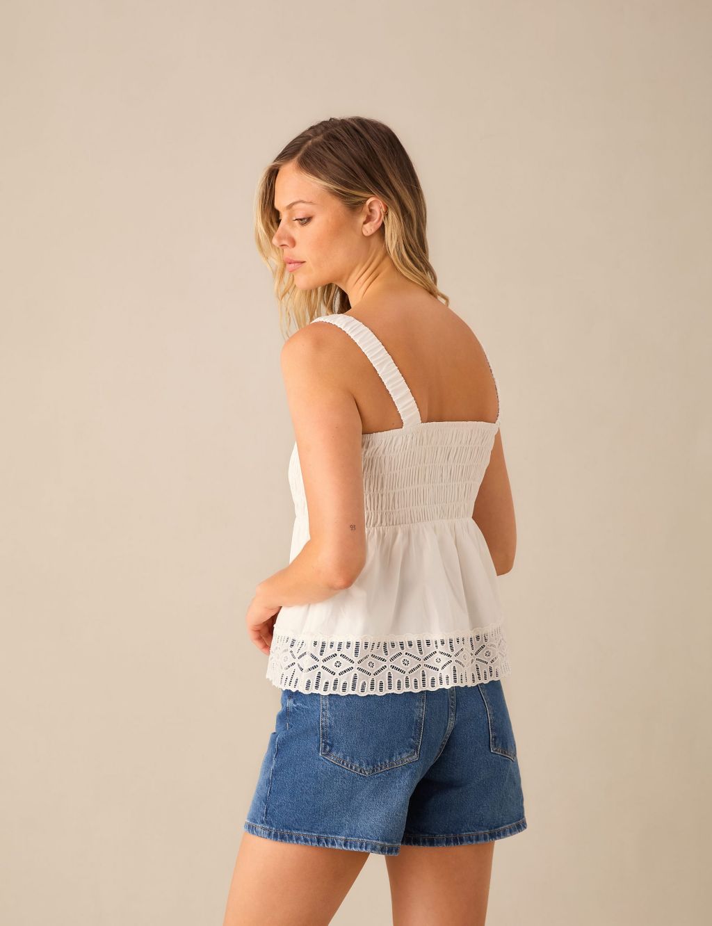 Cotton Rich Broderie Shirred Peplum Top 2 of 3