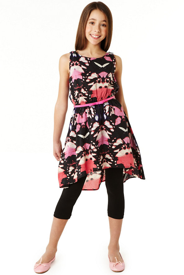 Cotton Rich Butterfly Print Dip Hem Dress & Leggings Outfit Image 1 of 1