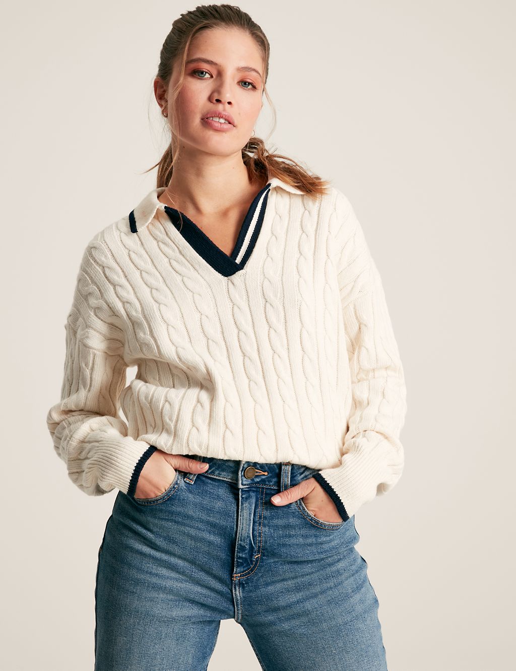 Cotton Rich Cable Knit Collared Jumper 3 of 6