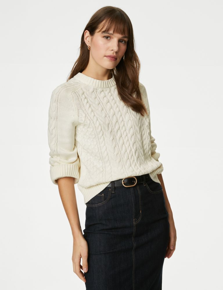 Cotton Rich Cable Knit Crew Neck Jumper 1 of 6