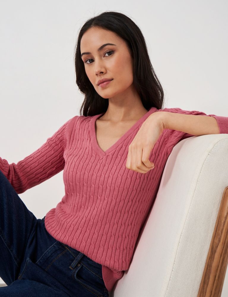 Cotton Rich Cable Knit V-Neck Jumper 1 of 5