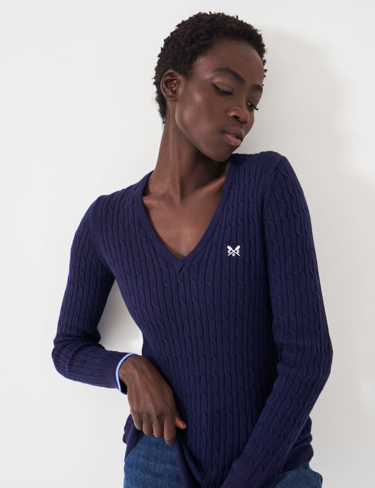 Cotton Rich Cable Knit V-Neck Jumper, Crew Clothing