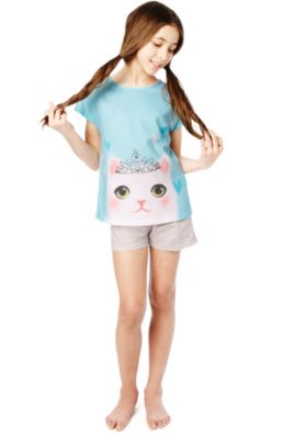 Cotton Rich Cat Print Shortie Pyjamas Image 1 of 1