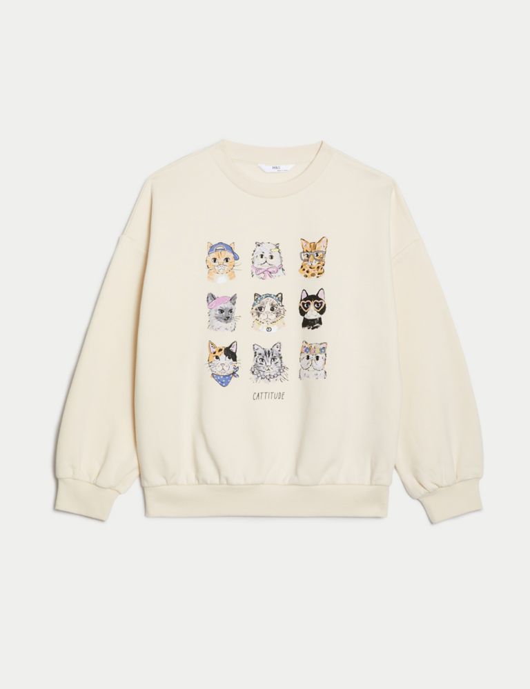 Cotton Rich Cat Sweatshirt (6-16 Yrs) 2 of 4