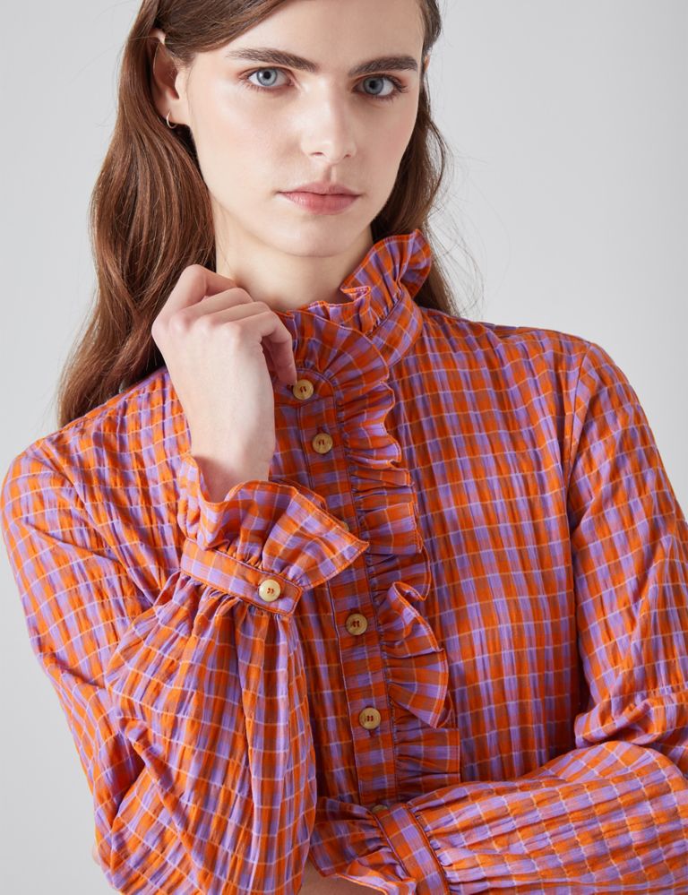 Cotton Rich Checked Frill Neck Blouse 3 of 4