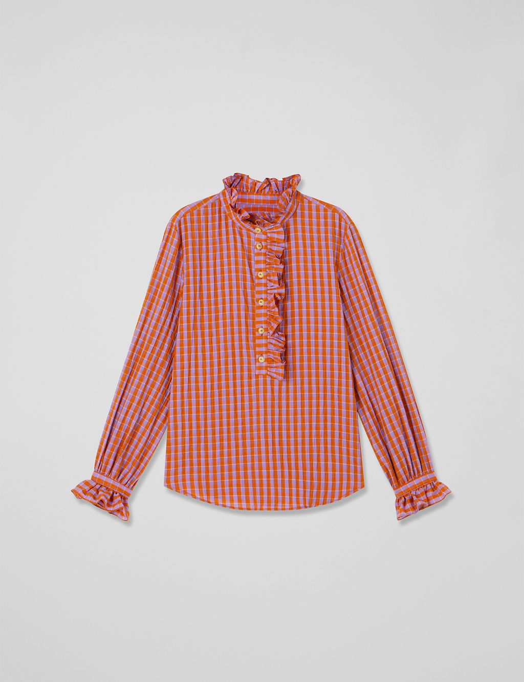 Cotton Rich Checked Frill Neck Blouse 1 of 4