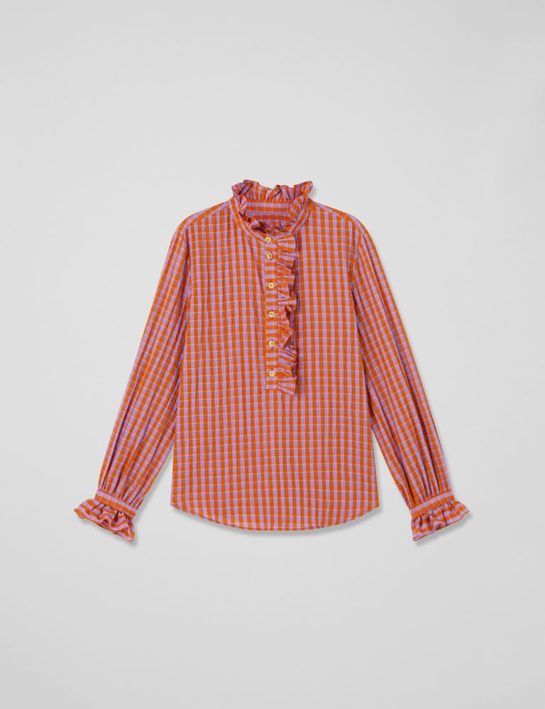 Cotton Rich Checked Frill Neck Blouse 2 of 4