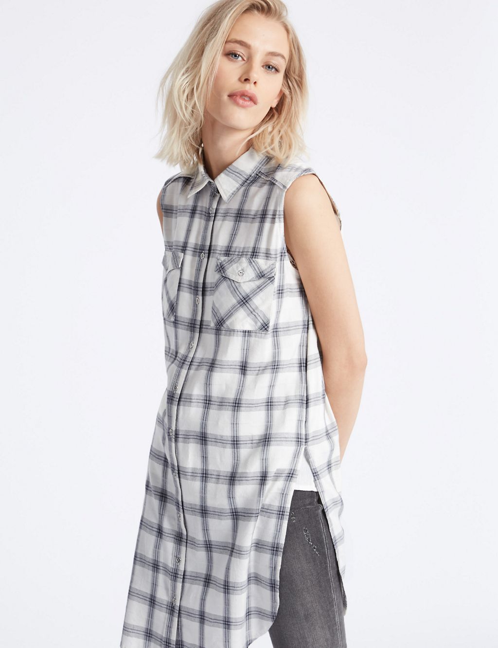 Cotton Rich Checked Longline Shirt 2 of 4