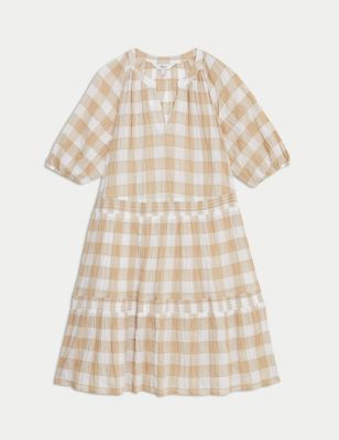 Cotton Rich Checked Mini Tiered Dress Image 2 of 5