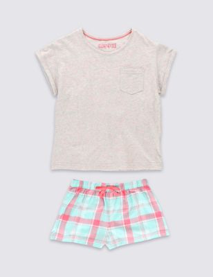 Cotton Rich Checked Neon Stay Soft Flecked Short Pyjamas (6-16 Years) Image 2 of 4