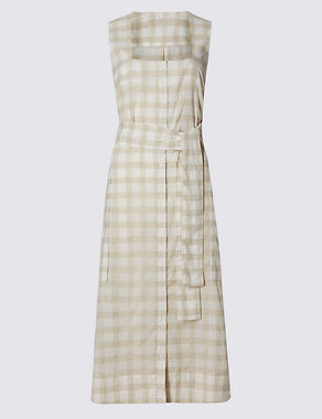 Cotton Rich Checked Shift Dress with Linen Image 2 of 4
