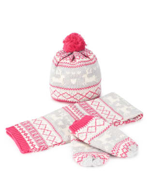 Cotton Rich Christmas Fair Isle Hat, Scarf & Gloves Set with Wool (Younger Girls) Image 1 of 1