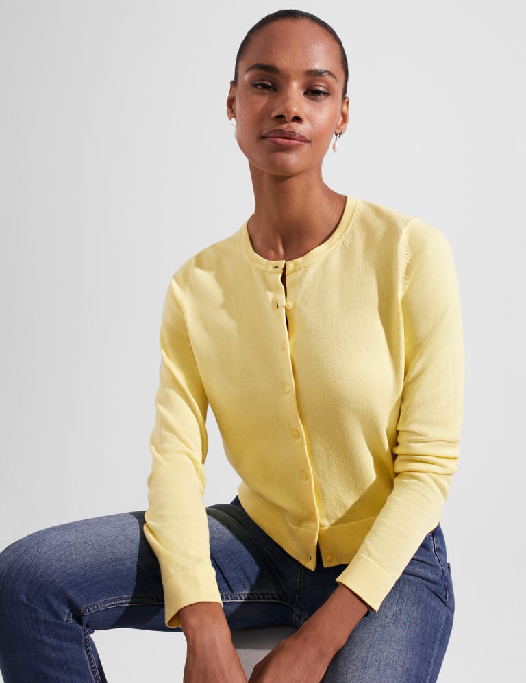 Cotton Rich Crew Neck Button Front Cardigan | HOBBS | Mu0026S