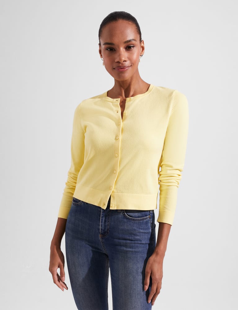 Cotton Rich Crew Neck Button Front Cardigan | HOBBS | Mu0026S