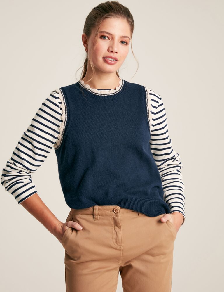 Cotton Rich Crew Neck Knitted Top with Wool 1 of 6