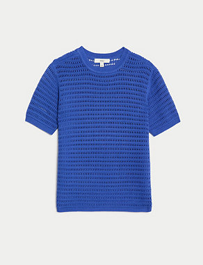 Cotton Rich Crew Neck Textured Knitted Top Image 2 of 6