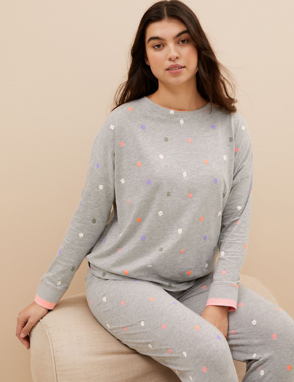 Grey Floral Lace Inset Solid Top Cotton Blend Knit Pajama Set, Pajamas