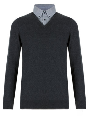 Cotton Rich Dogtooth Mock Shirt Jumper Image 2 of 3
