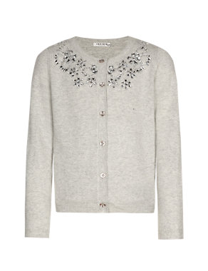 Cotton Rich Embellished Neck Cardigan (5-14 Years) Image 2 of 3