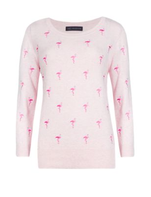 Cotton Rich Embroidered Flamingo Jumper Image 2 of 3