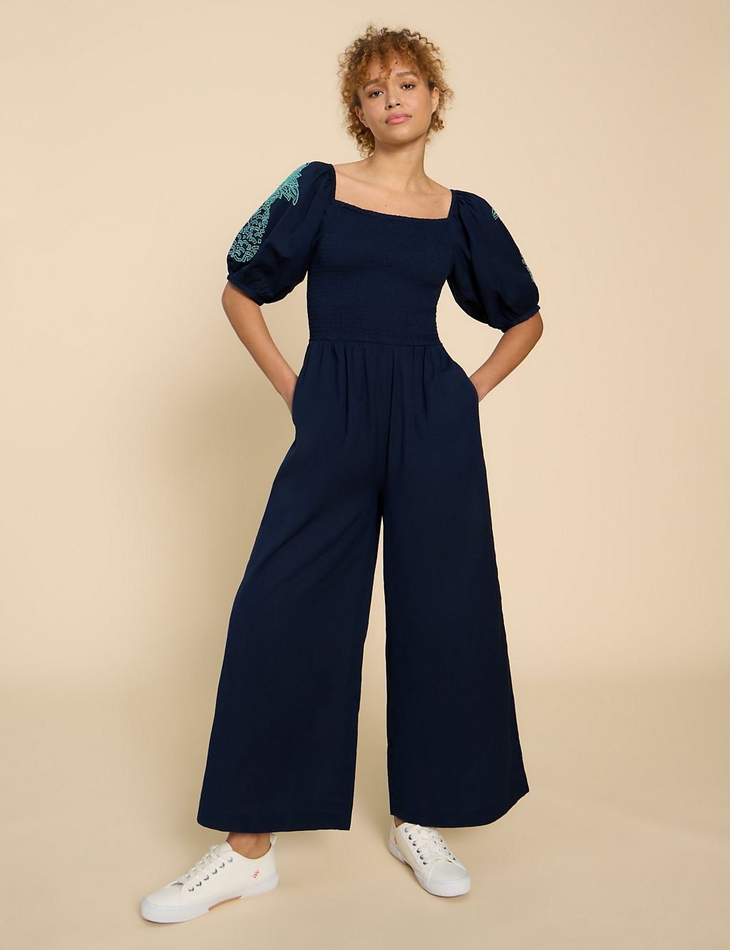 Cotton Rich Embroidered Jumpsuit with Linen 3 of 6