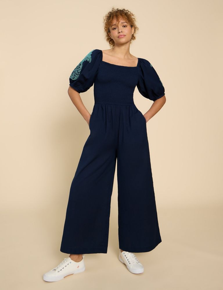 Cotton Rich Embroidered Jumpsuit with Linen 1 of 6
