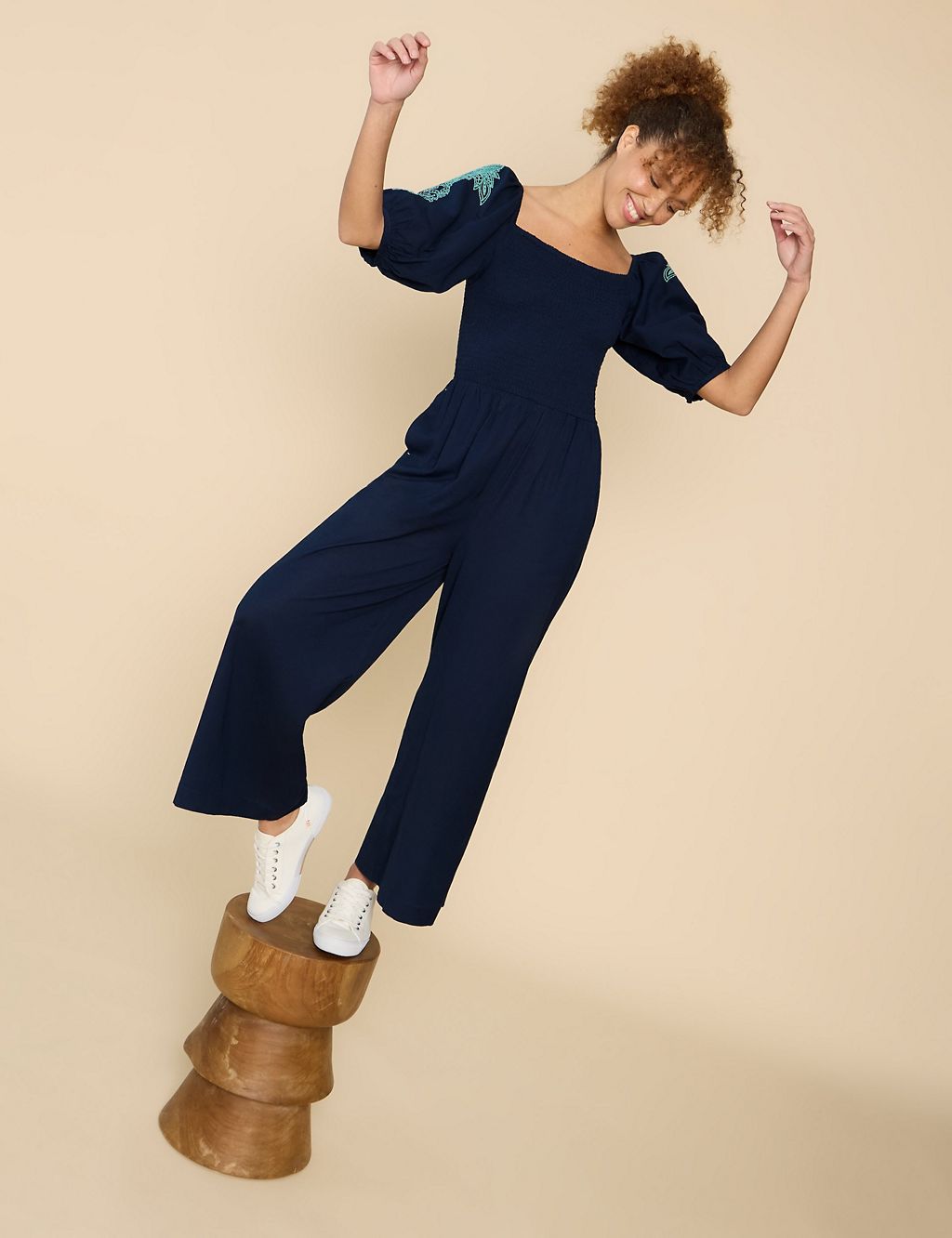Cotton Rich Embroidered Jumpsuit with Linen 2 of 6