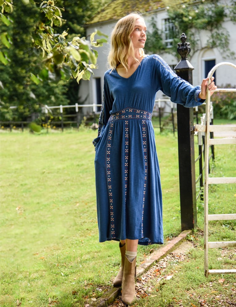 Cotton Rich Embroidered Midi Smock Dress