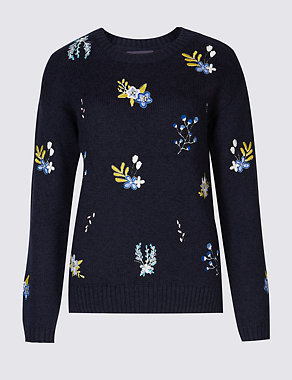Cotton Rich Embroidered Round Neck Jumper Image 2 of 5