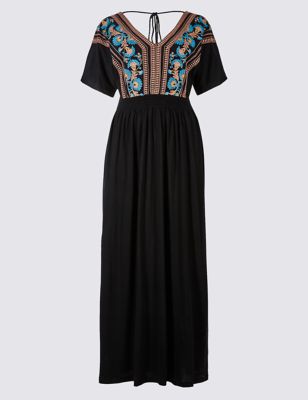 Cotton Rich Embroidered Tie Back Maxi Dress Image 2 of 5