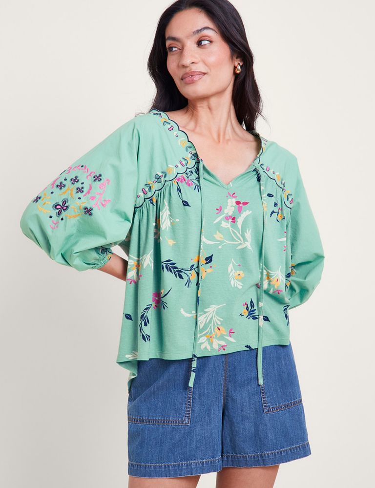 Cotton Rich Embroidered Tie Neck Blouse 1 of 4
