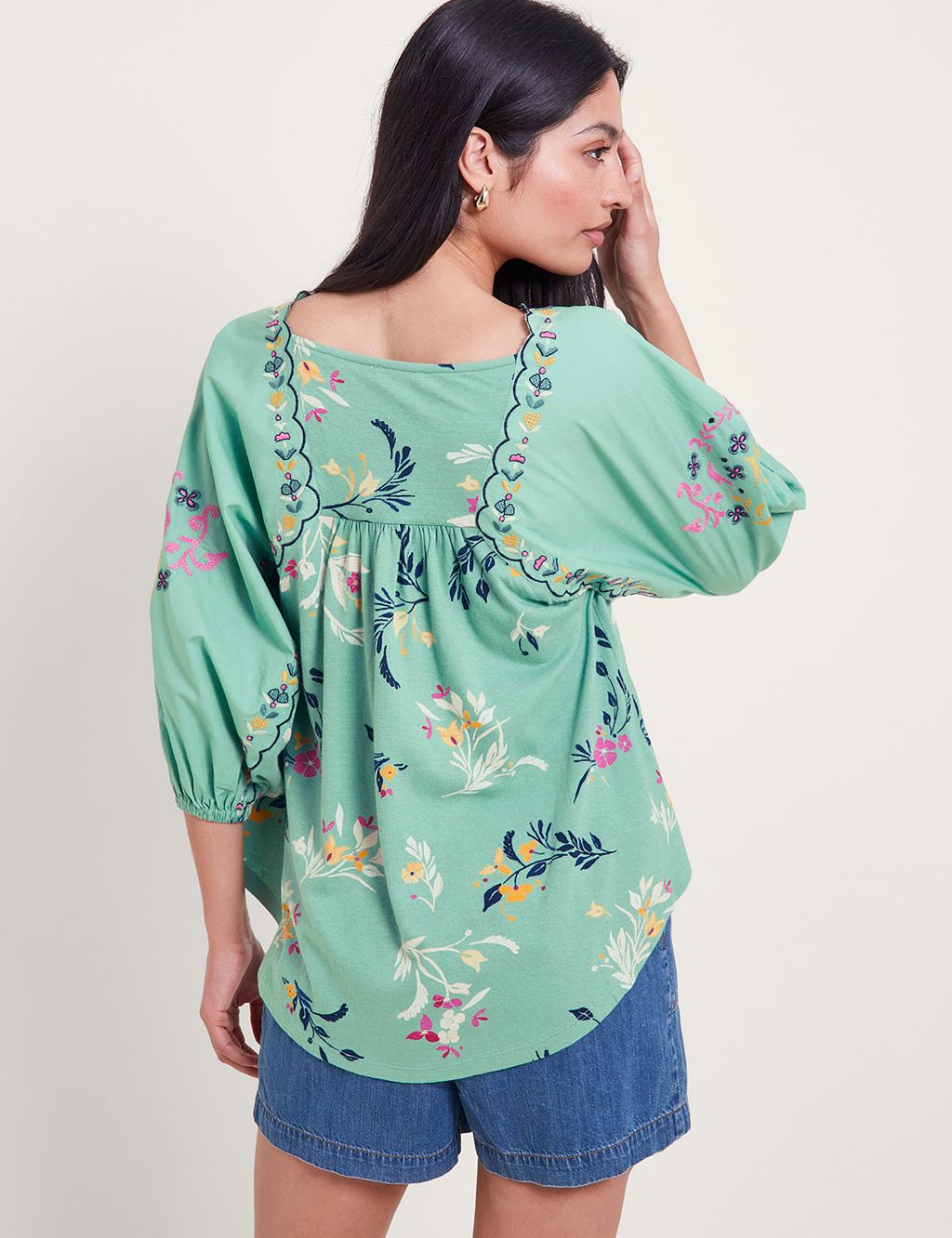 Cotton Rich Embroidered Tie Neck Blouse 2 of 4
