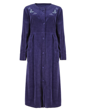 Cotton Rich Embroidered Velour Dressing Gown Image 2 of 4