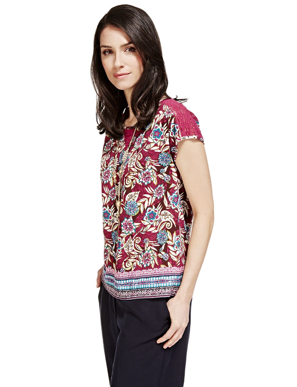 Cotton Rich Floral & Geometric Print Top with Linen 2 of 4