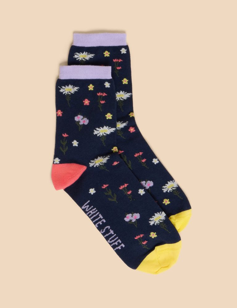 Cotton Rich Floral Ankle High Socks 1 of 2