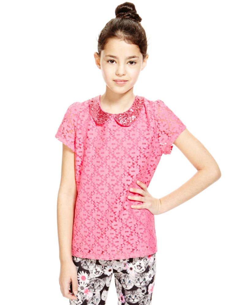 Cotton Rich Floral Lace Top (5-14 Years) 1 of 3