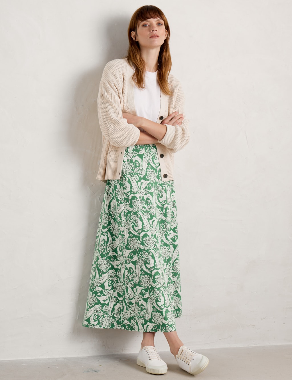 Pure Cotton Printed Midi A-Line Skirt