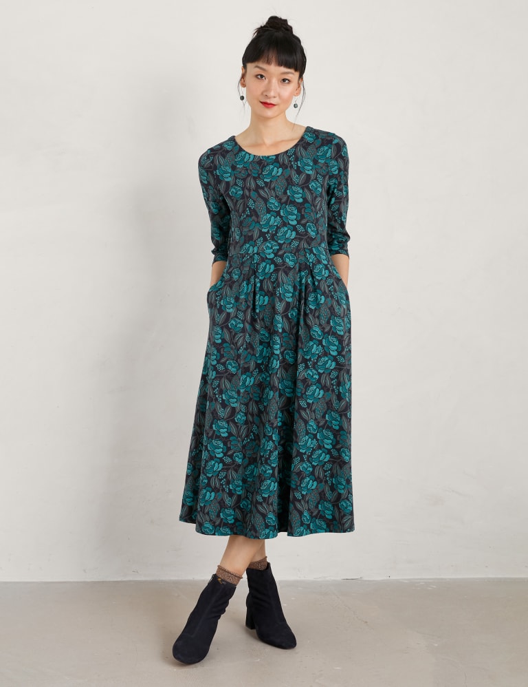 Cotton Rich Floral Midi Waisted Dress 3 of 5