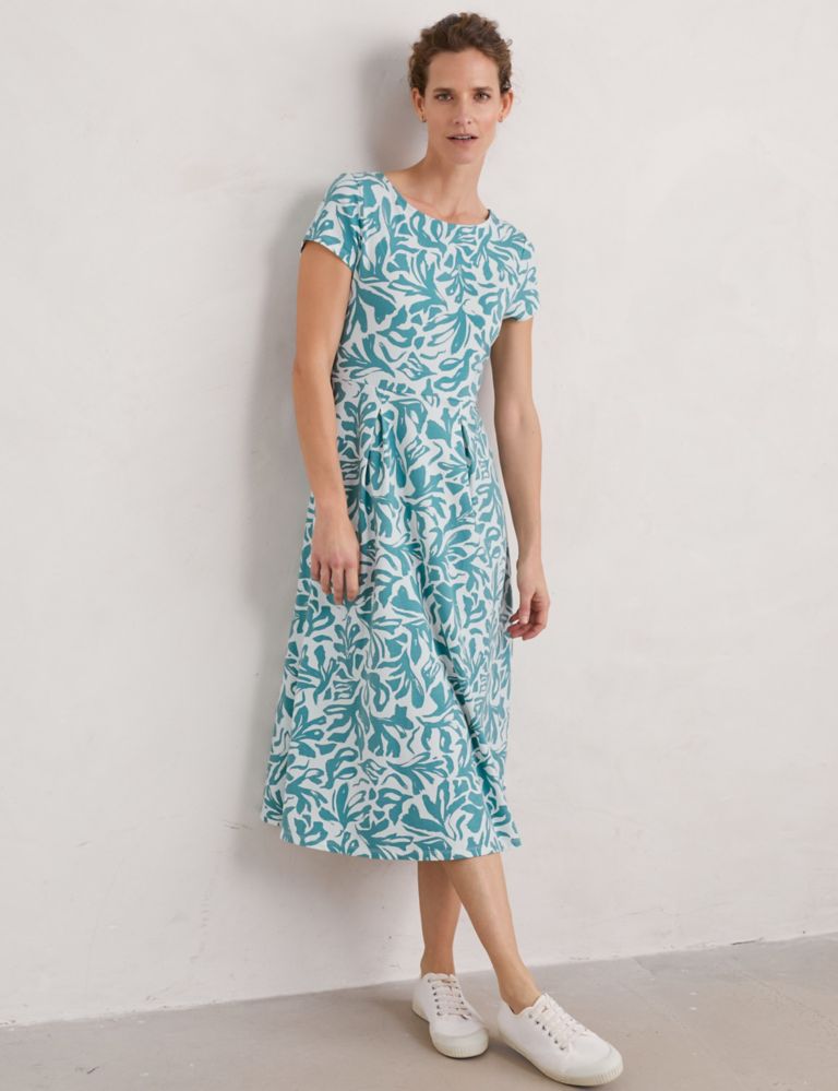 Cotton Rich Floral Midi Waisted Dress 1 of 4