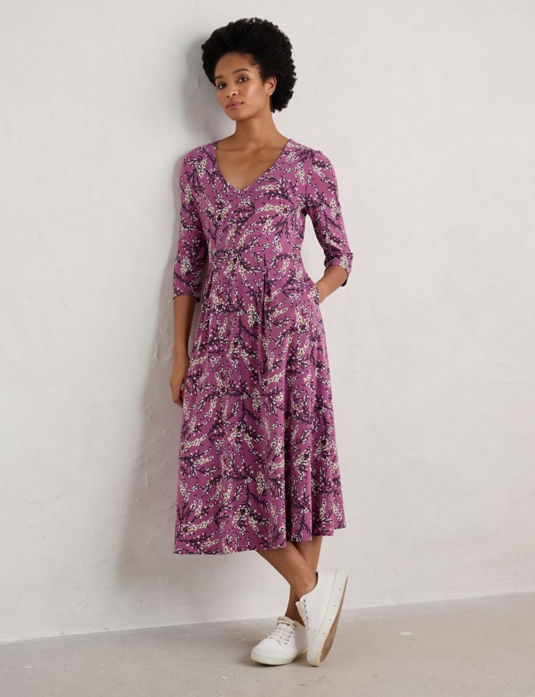 Cotton Rich Floral Midi Waisted Dress 1 of 5