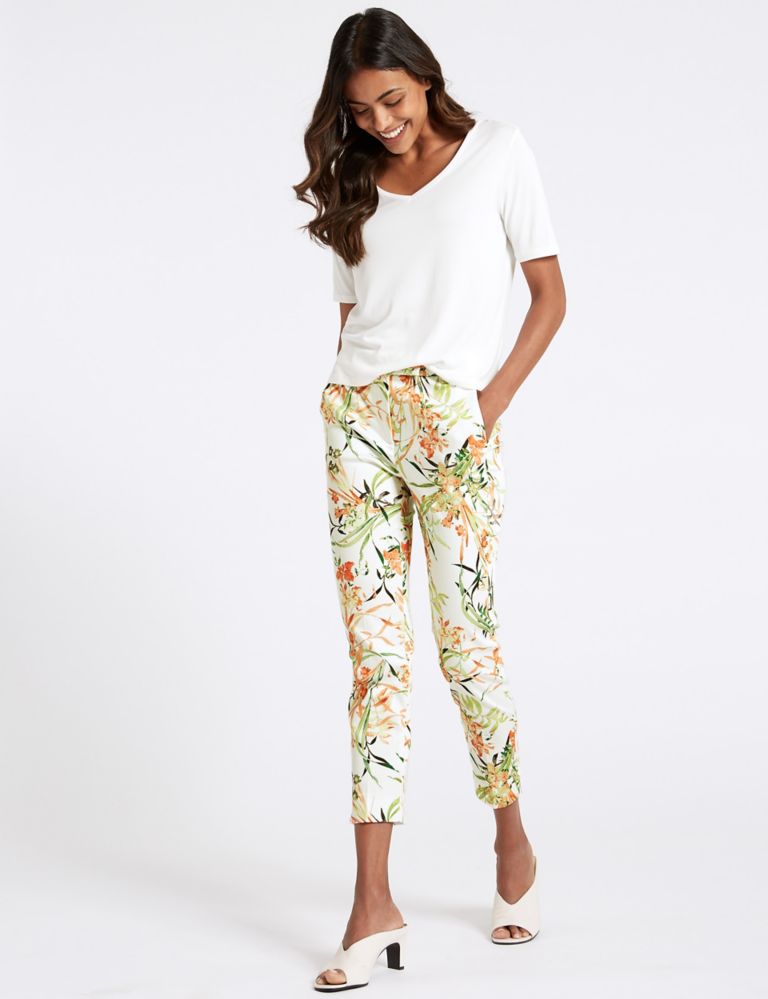 Cotton Rich Floral Print Cropped Trousers 1 of 6
