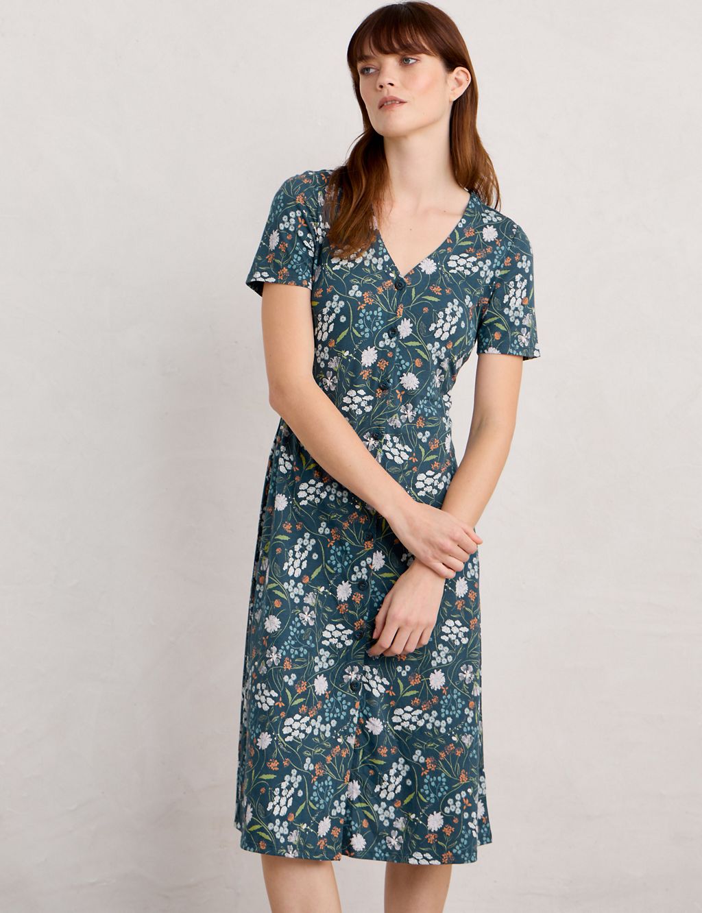 Cotton Rich Floral V-Neck Midi Waisted Dress 2 of 5
