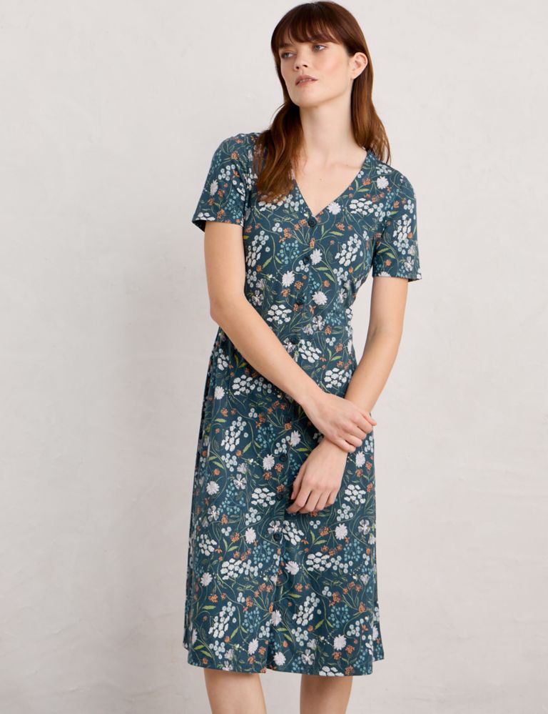 Cotton Rich Floral V-Neck Midi Waisted Dress 3 of 5