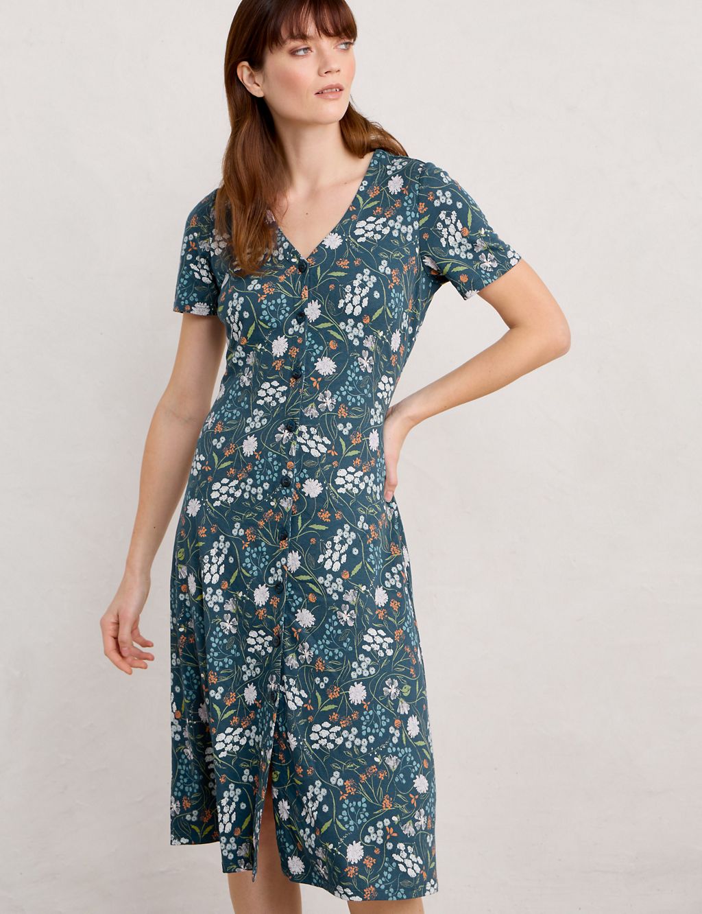 Cotton Rich Floral V-Neck Midi Waisted Dress 4 of 5