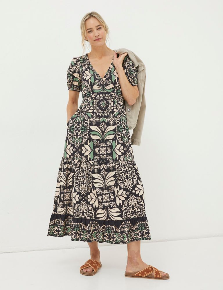 Cotton Rich Floral V-Neck Midi Waisted Dress 1 of 5