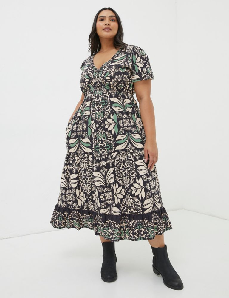 Cotton Rich Floral V-Neck Midi Waisted Dress 5 of 5